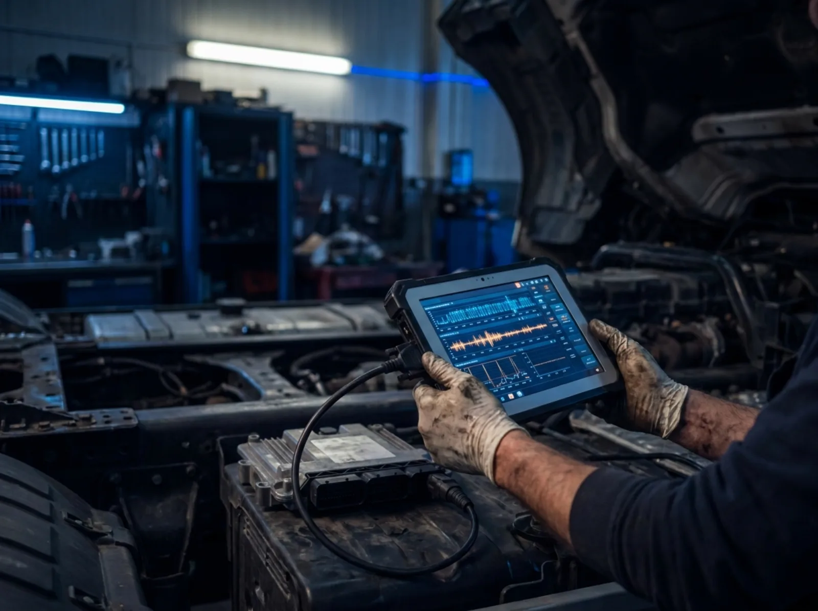Diagnosi elettronica e intervento di meccatronica su un veicolo industriale in officina a Giuggianello