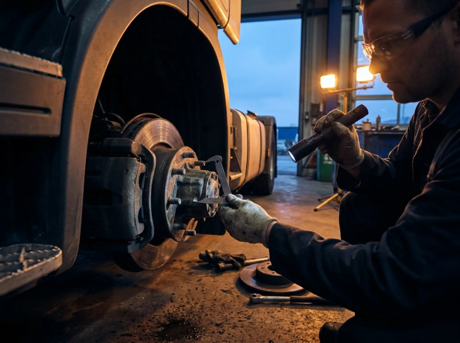 Controllo dell'impianto frenante di un autocarro in preparazione alla revisione